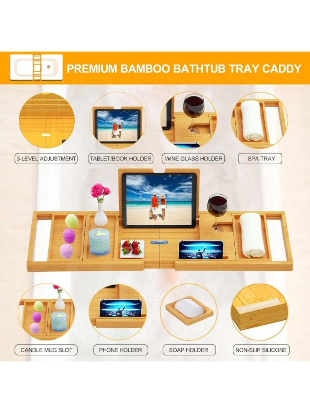 Expandable Bamboo Bathtub Tray Caddy - Fits Most Tubs, Spa Organizer & Table